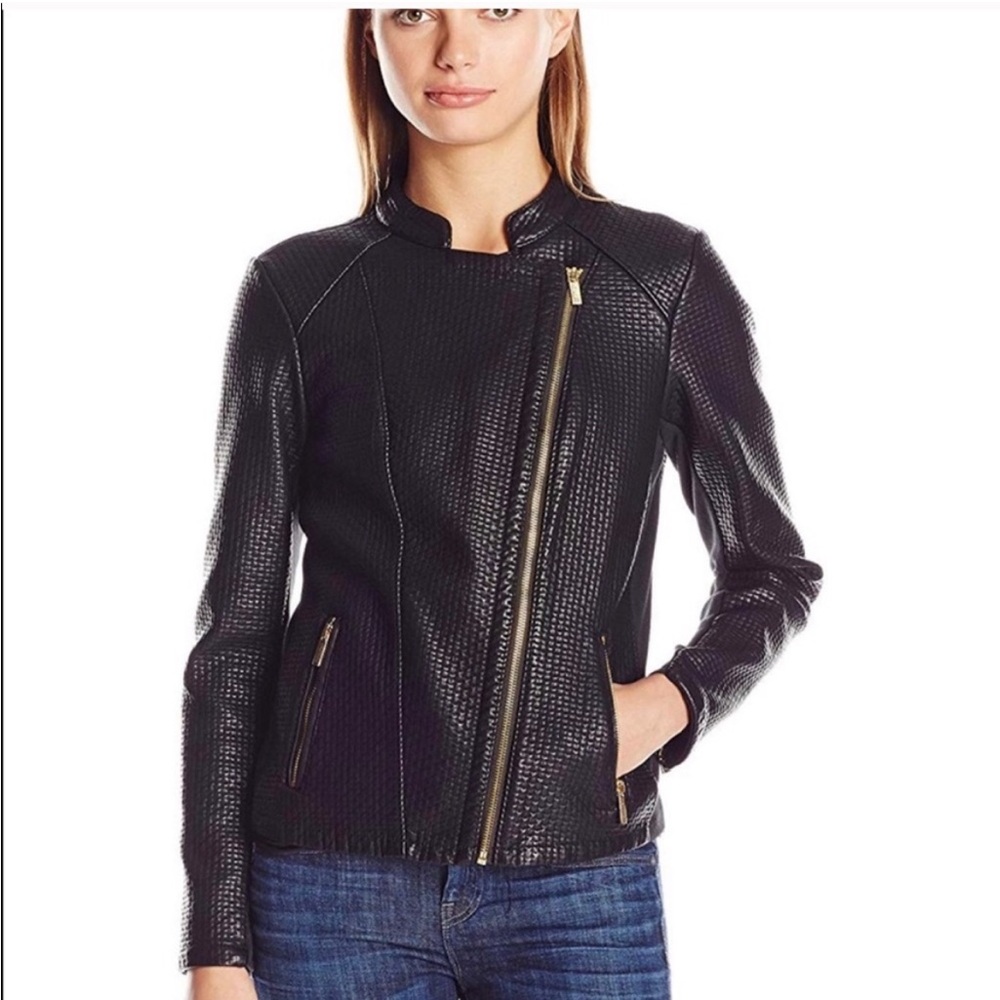 Calvin Klein Black Vegan Leather Moto Biker Jacket
